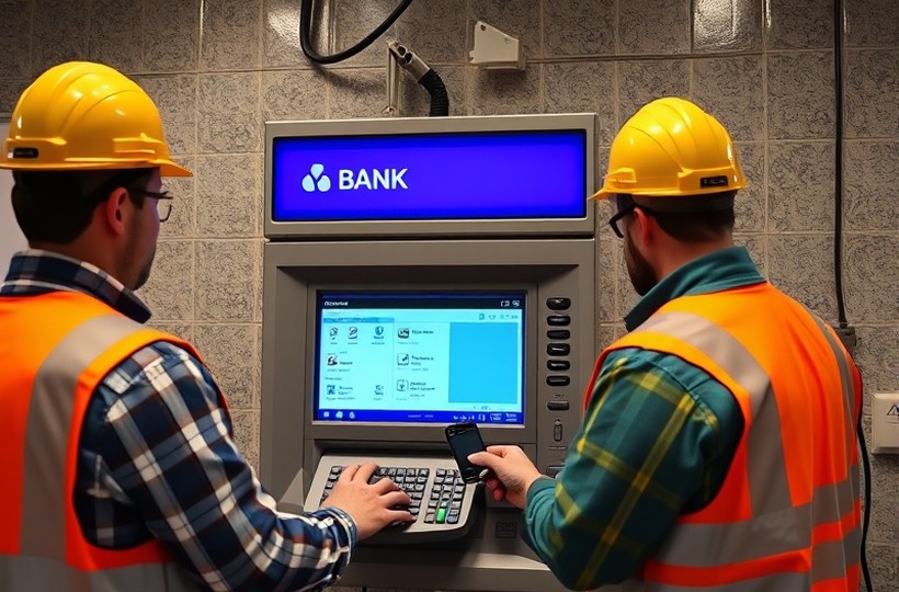 Field service team working on a self-service terminal